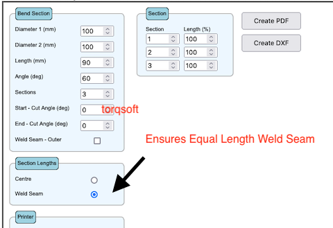 TorqSoft - Exhaust Bend Template Programme, Equal Length Inner Bend Weld Seam